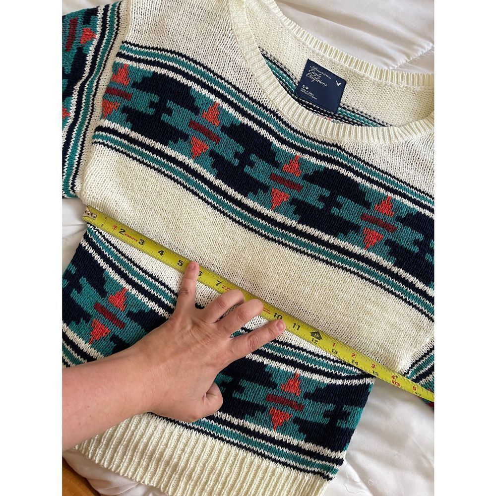 AEO Sweater Knit Aztec Southwestern Print Womens Small/P White green Orange Blue - Picture 6 of 7